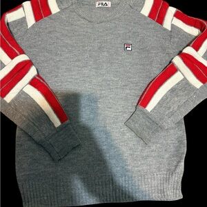Vintage Fila Men's Gray Sweater with Red and White Stripes